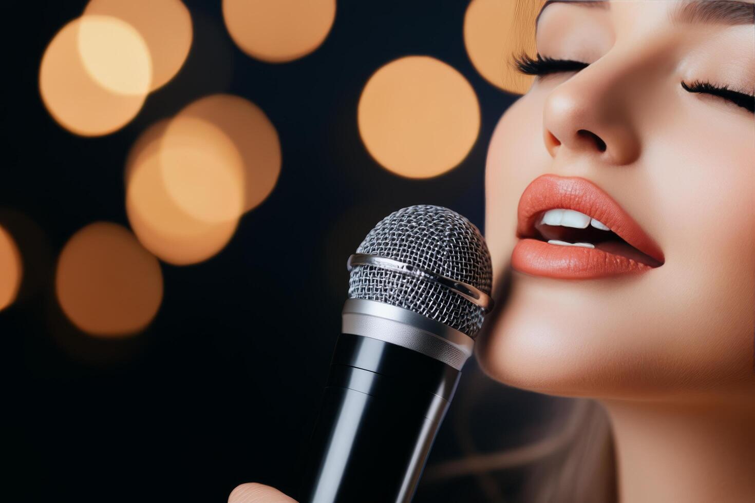 Singers performing on stage with microphones during a lively evening event photo
