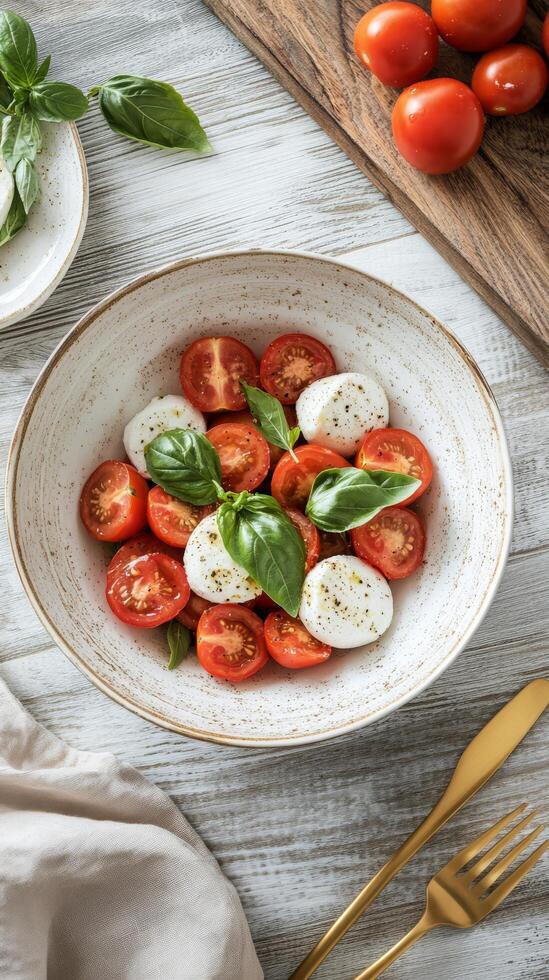Fresh tomatoes and mozzarella served on a rustic table with basil garnish photo