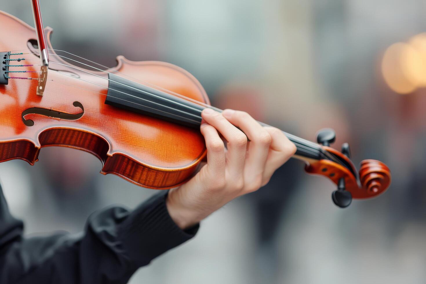 Violin player showcasing musical talent in urban setting during sunset hours photo