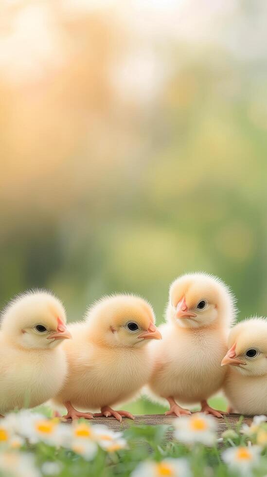 Four fluffy yellow chicks perched on a branch in a dreamy spring setting photo