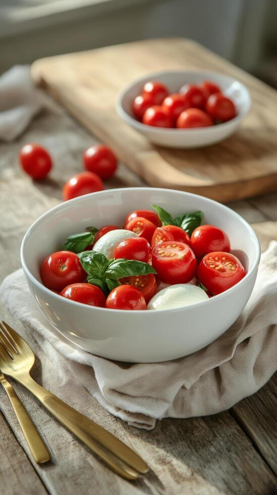 Fresh tomatoes and mozzarella served on a rustic table with basil garnish photo