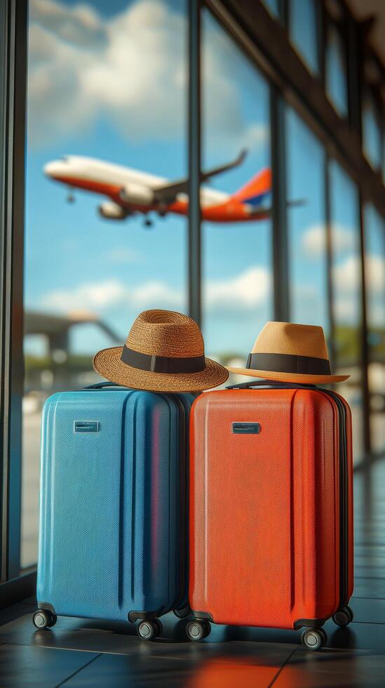 Bright suitcases with hats waiting at airport terminal as plane prepares for takeoff photo