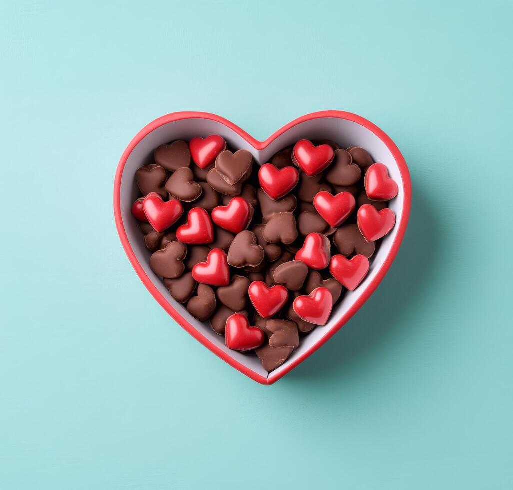Heart shaped box filled with red and dark chocolates on a light blue background photo