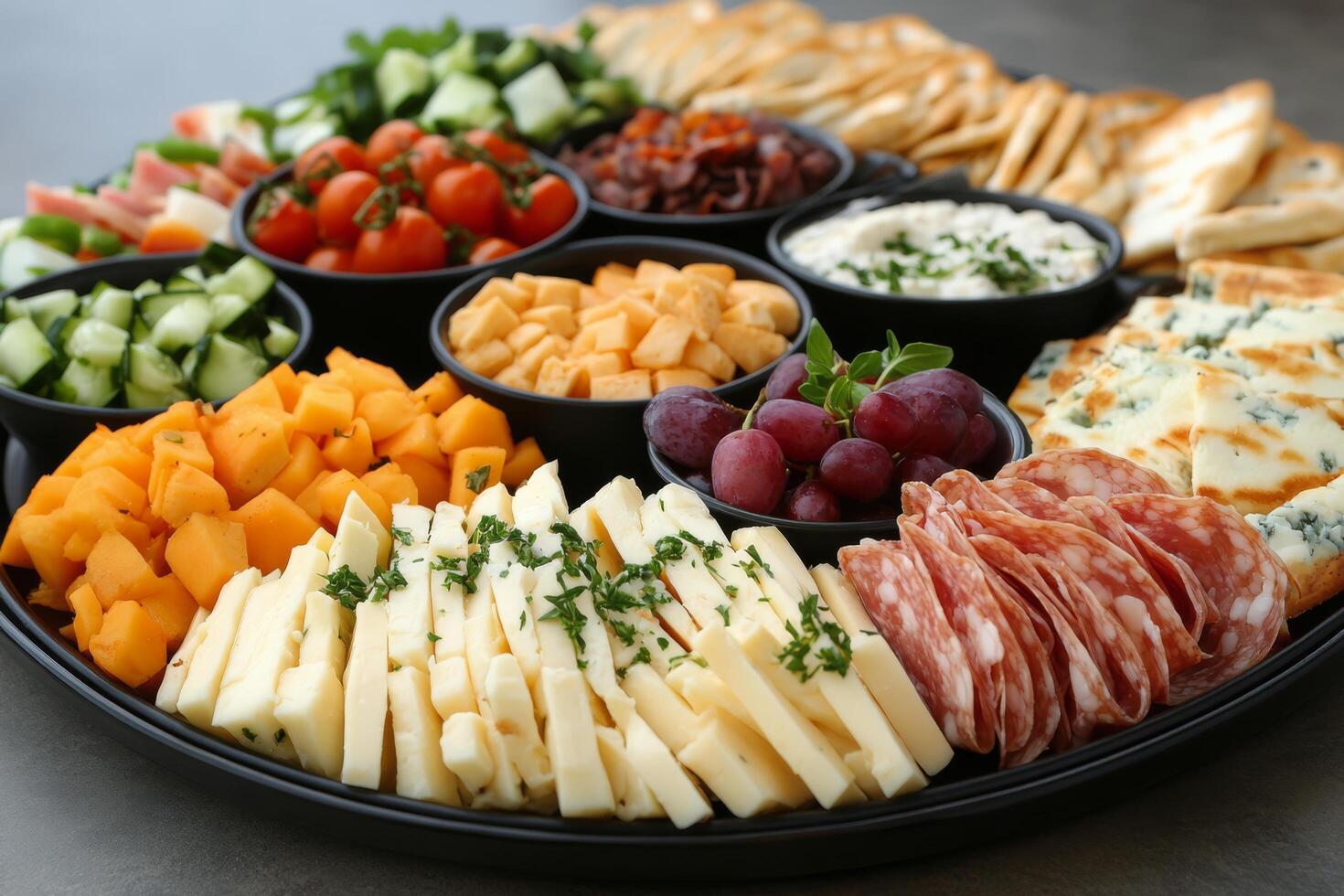 Colorful platter of assorted cheeses, meats, and vegetables arranged for festive gathering photo