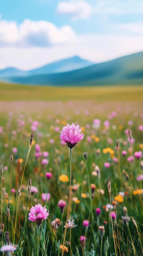 Bright pink flowers bloom in a vast meadow under a clear blue sky with distant mountains photo