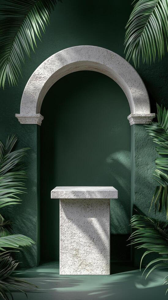 Minimalist display featuring stone pedestal and arch on green textured wall with plants photo