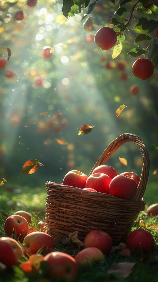 Bountiful apple harvest in a sunlit orchard during autumn season photo