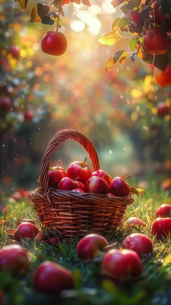 Bountiful apple harvest in a sunlit orchard during autumn season photo