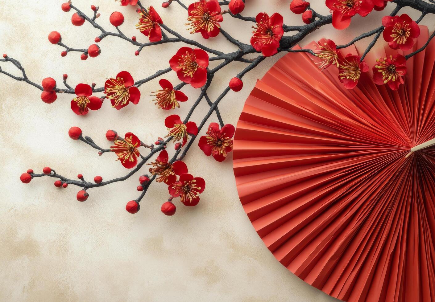 Colorful cherry blossom branch and decorative fan on a soft beige background for festive decor photo