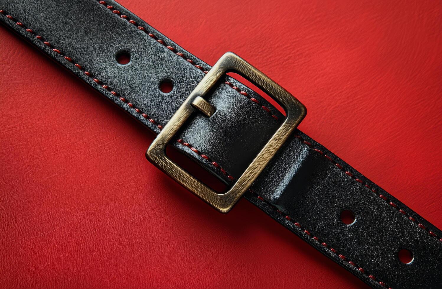 A close-up view of a black leather belt with a brass buckle on a red textured background photo
