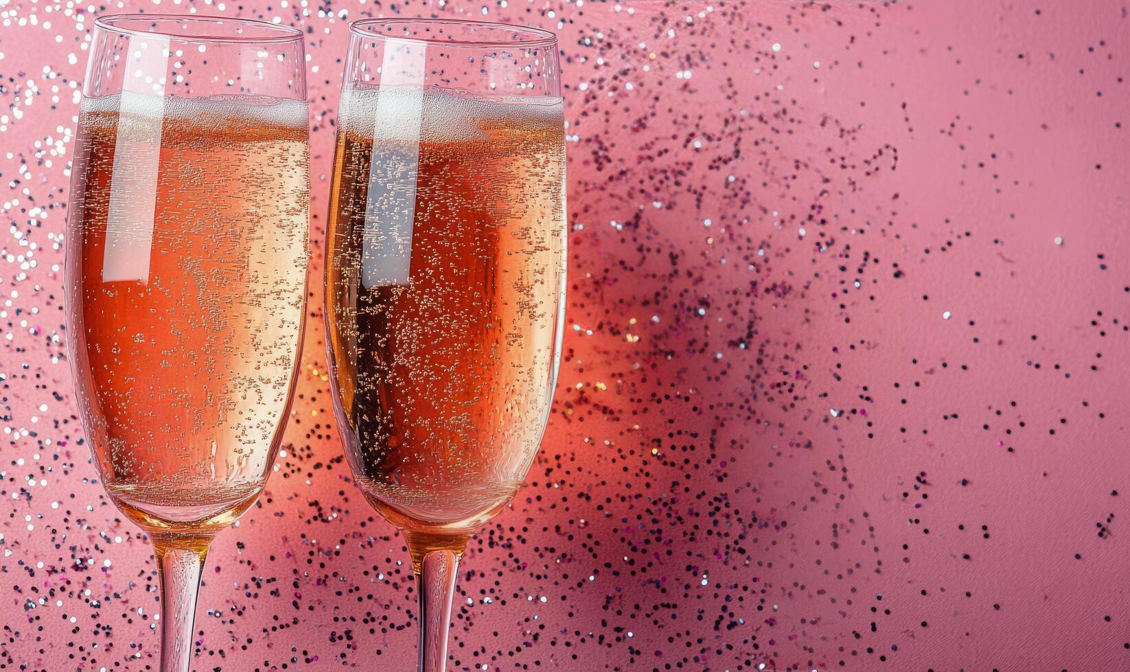 Celebratory champagne flutes filled with bubbly drink against a festive pink backdrop photo