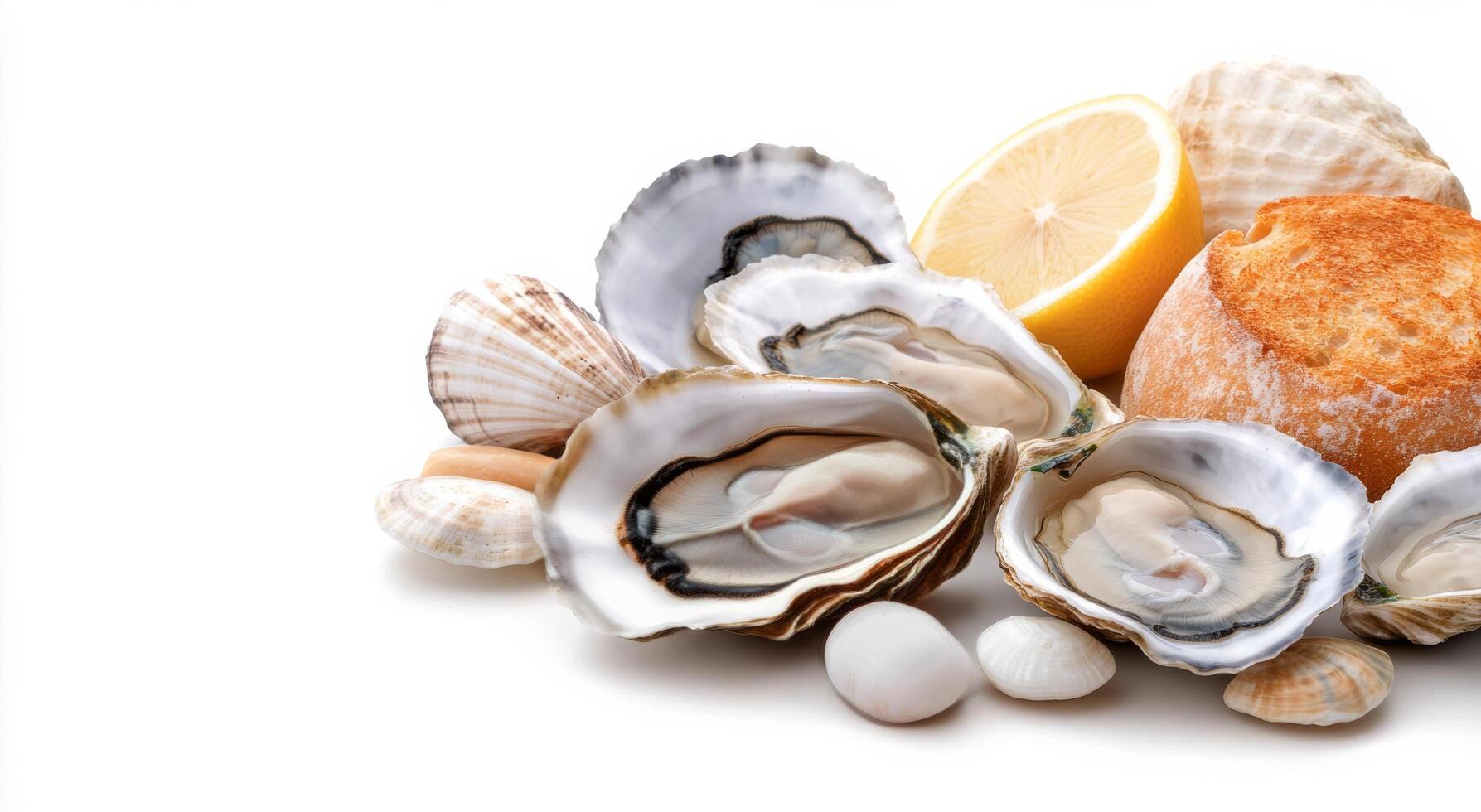 Fresh oysters and shells arranged with lemon on a white surface photo
