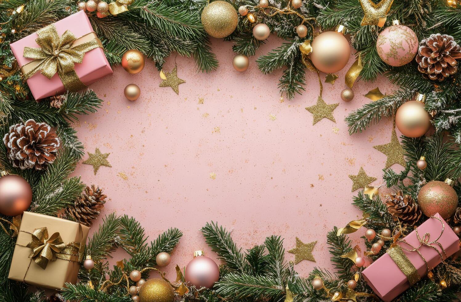 Decorative Christmas arrangement with gifts, ornaments, and pine branches on a festive background photo