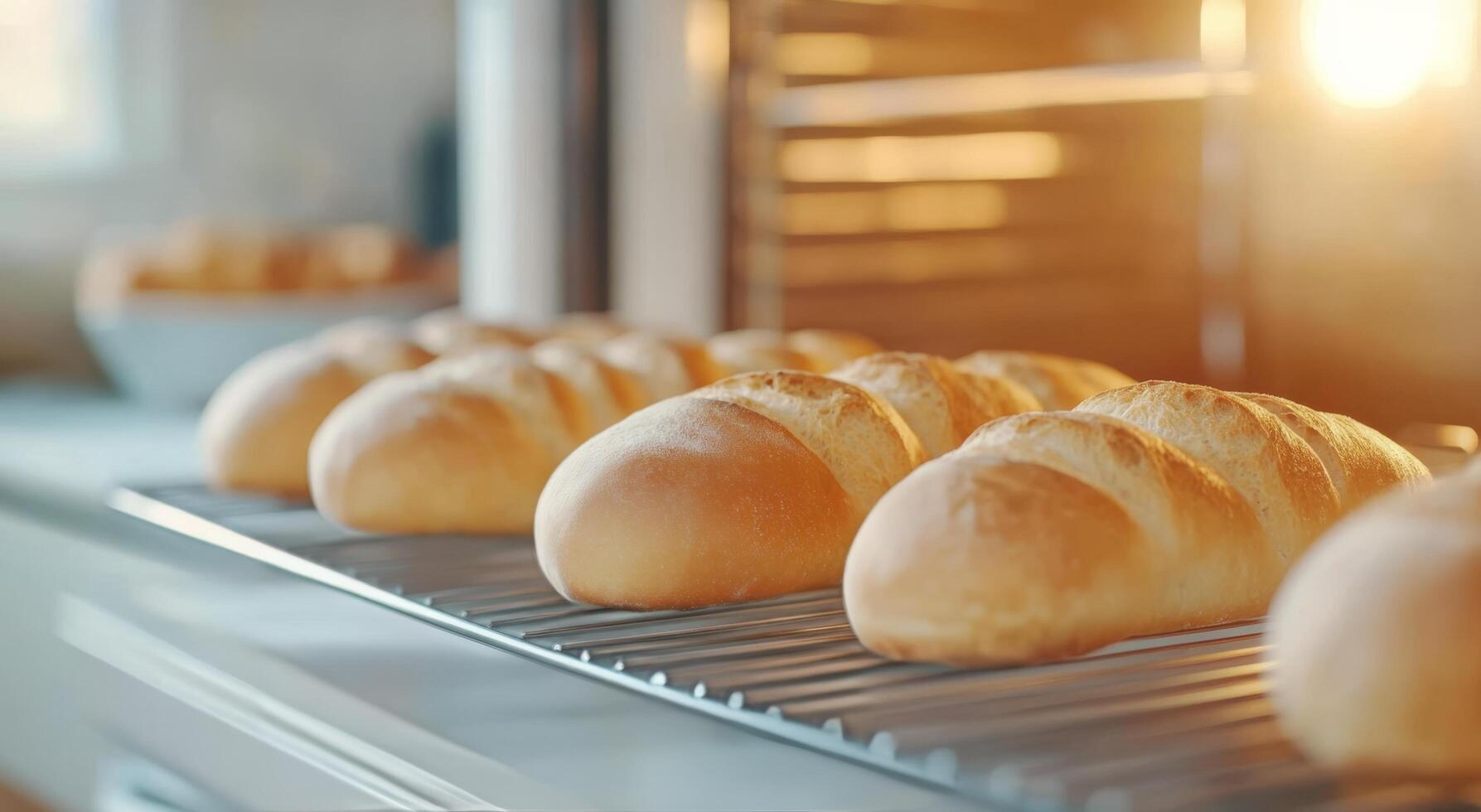 Freshly baked bread rolls cooling on a rack in a warm kitchen during the morning light photo