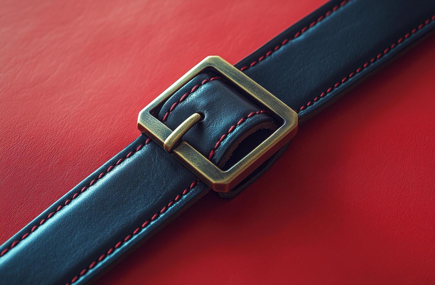 A close-up view of a black leather belt with a brass buckle on a red textured background photo