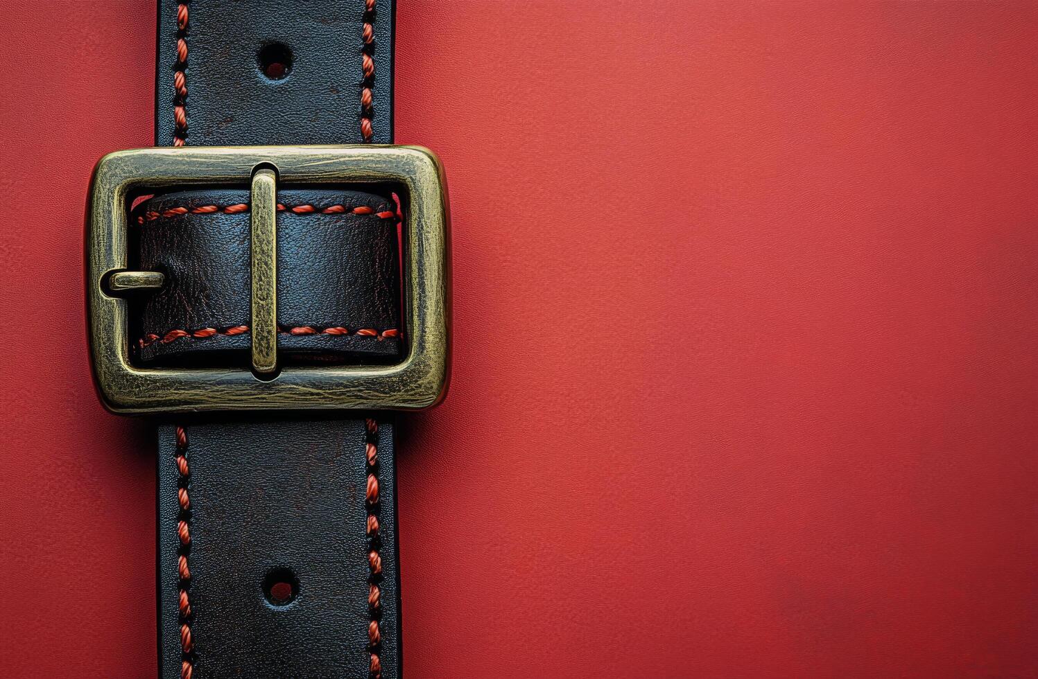 A close-up view of a black leather belt with a brass buckle on a red textured background photo