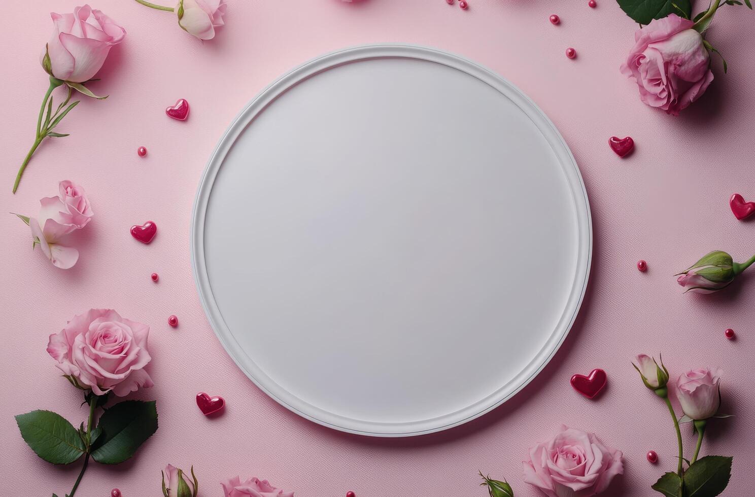 Soft pink background adorned with roses and hearts, featuring a blank circular space for text photo
