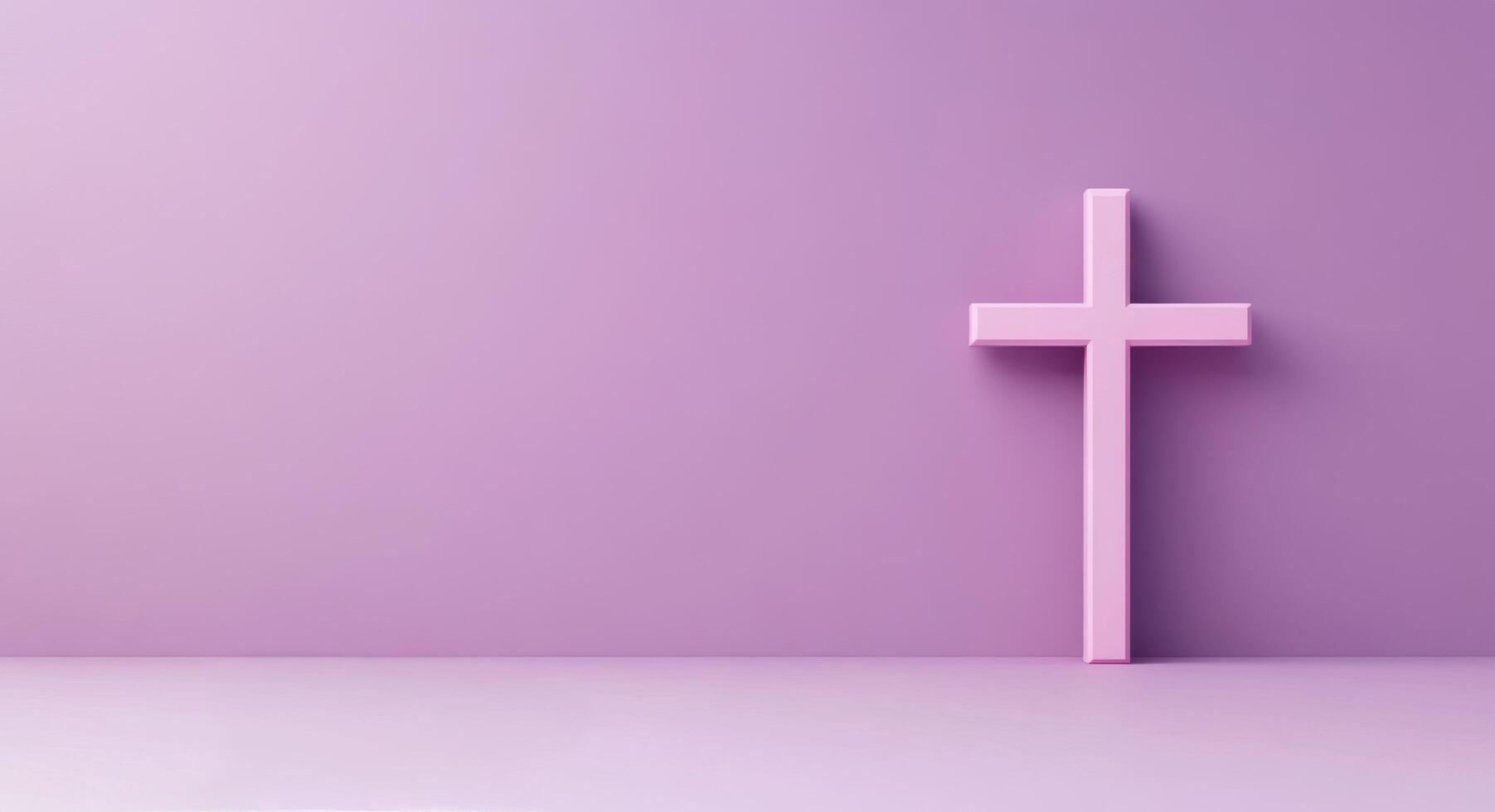 Simple wooden cross on a soft purple background, symbolizing faith and spirituality photo