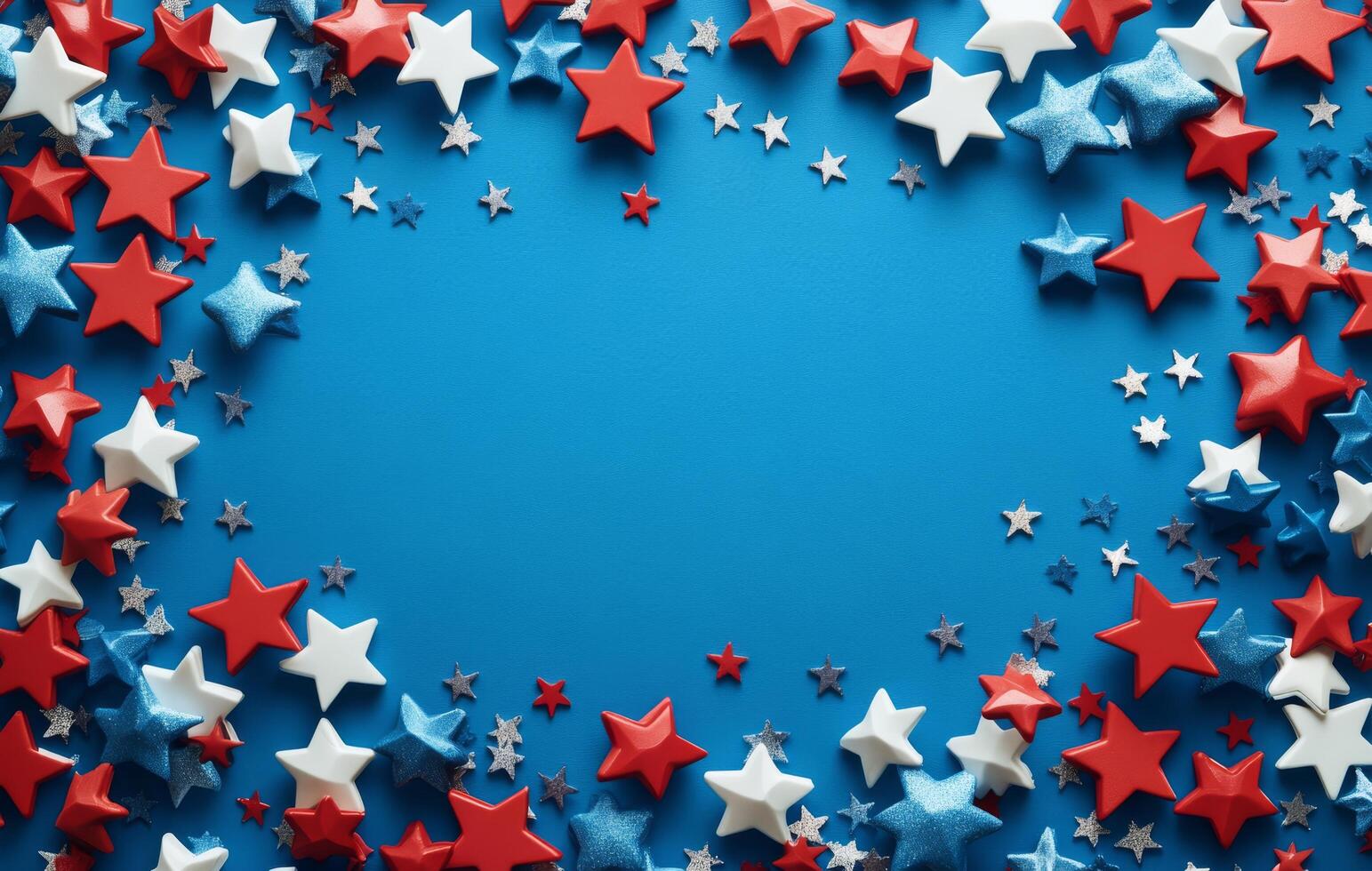 Colorful red, white, and blue star decorations arranged on a blue background for festive occasions photo
