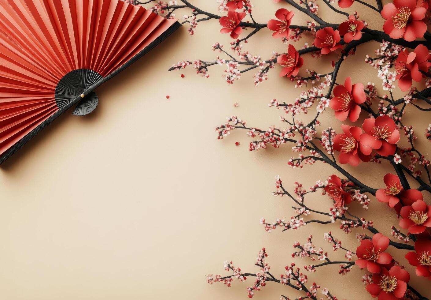 Colorful cherry blossom branch and decorative fan on a soft beige background for festive decor photo
