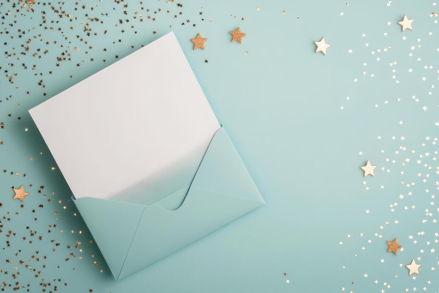 Blank card and envelope with golden stars on light blue background photo