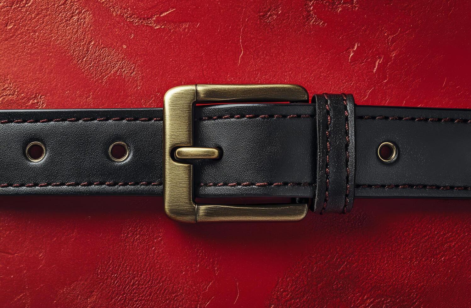 A close-up view of a black leather belt with a brass buckle on a red textured background photo