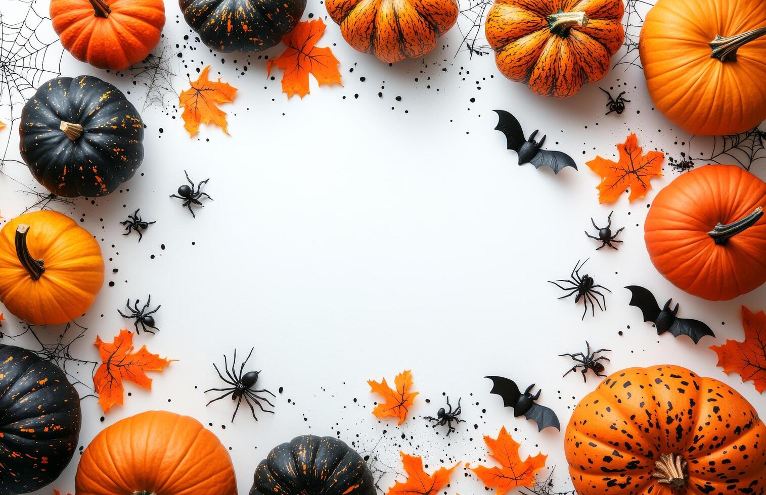 Colorful Halloween decorations with pumpkins, bats, and leaves arranged for festive celebrations photo