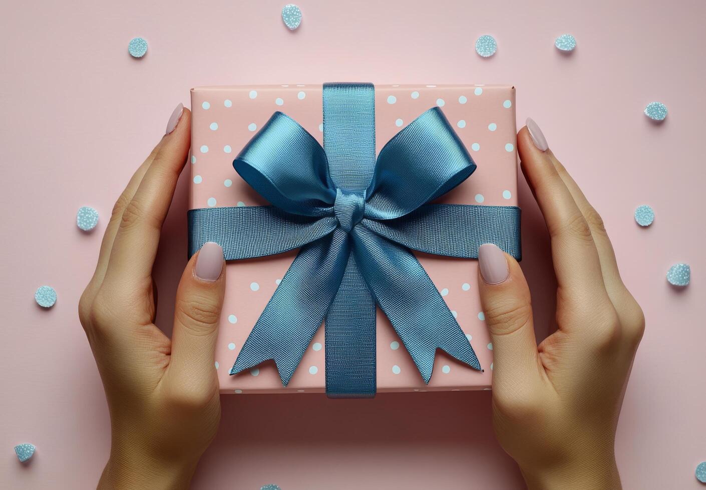 A person holds a beautifully wrapped gift with a blue ribbon and polka dots on a pink background photo