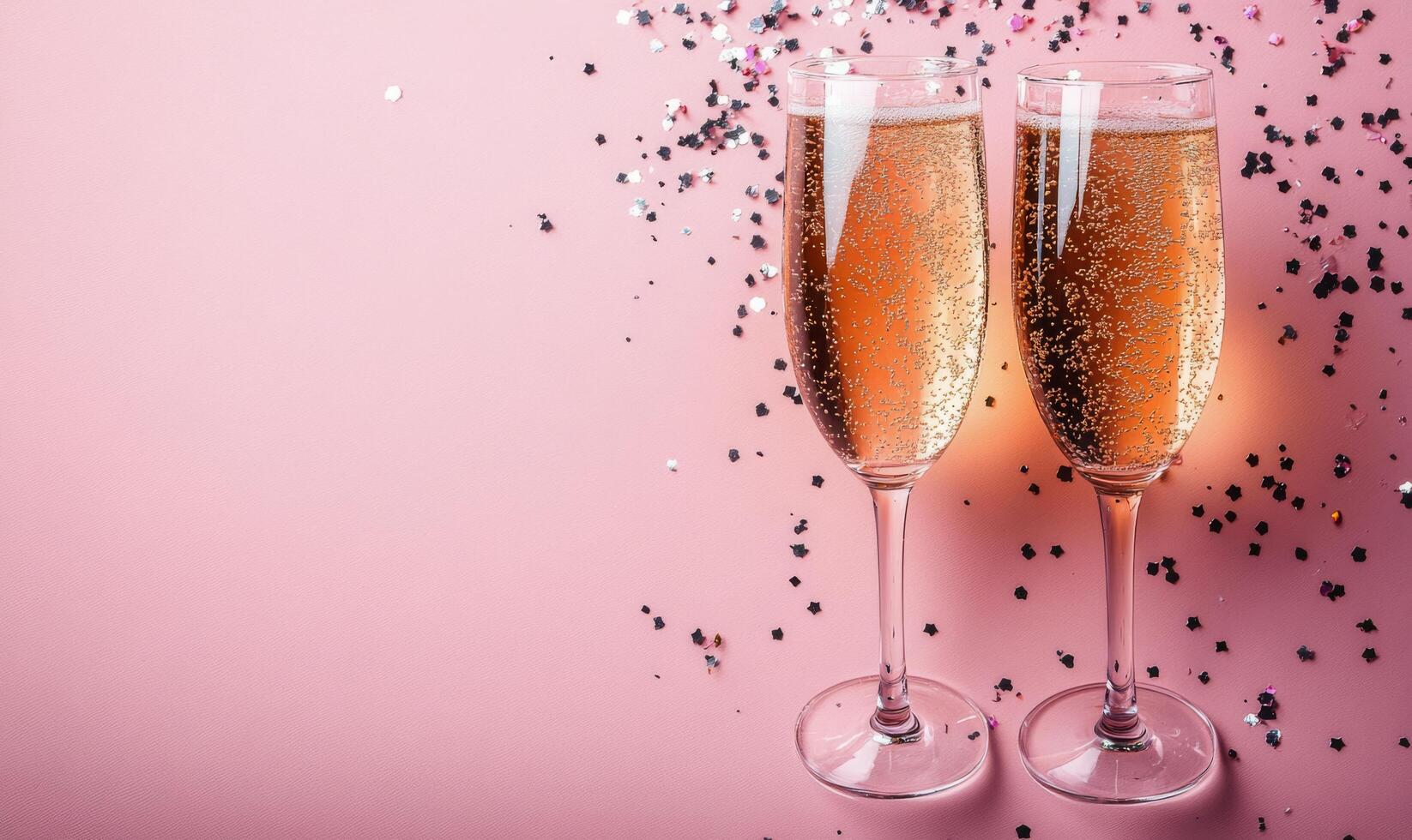 Celebratory champagne flutes filled with bubbly drink against a festive pink backdrop photo