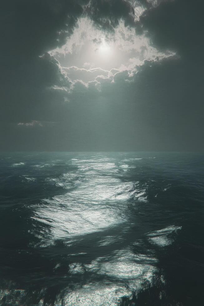 Dark clouds loom over choppy ocean waters during an intense stormy afternoon photo