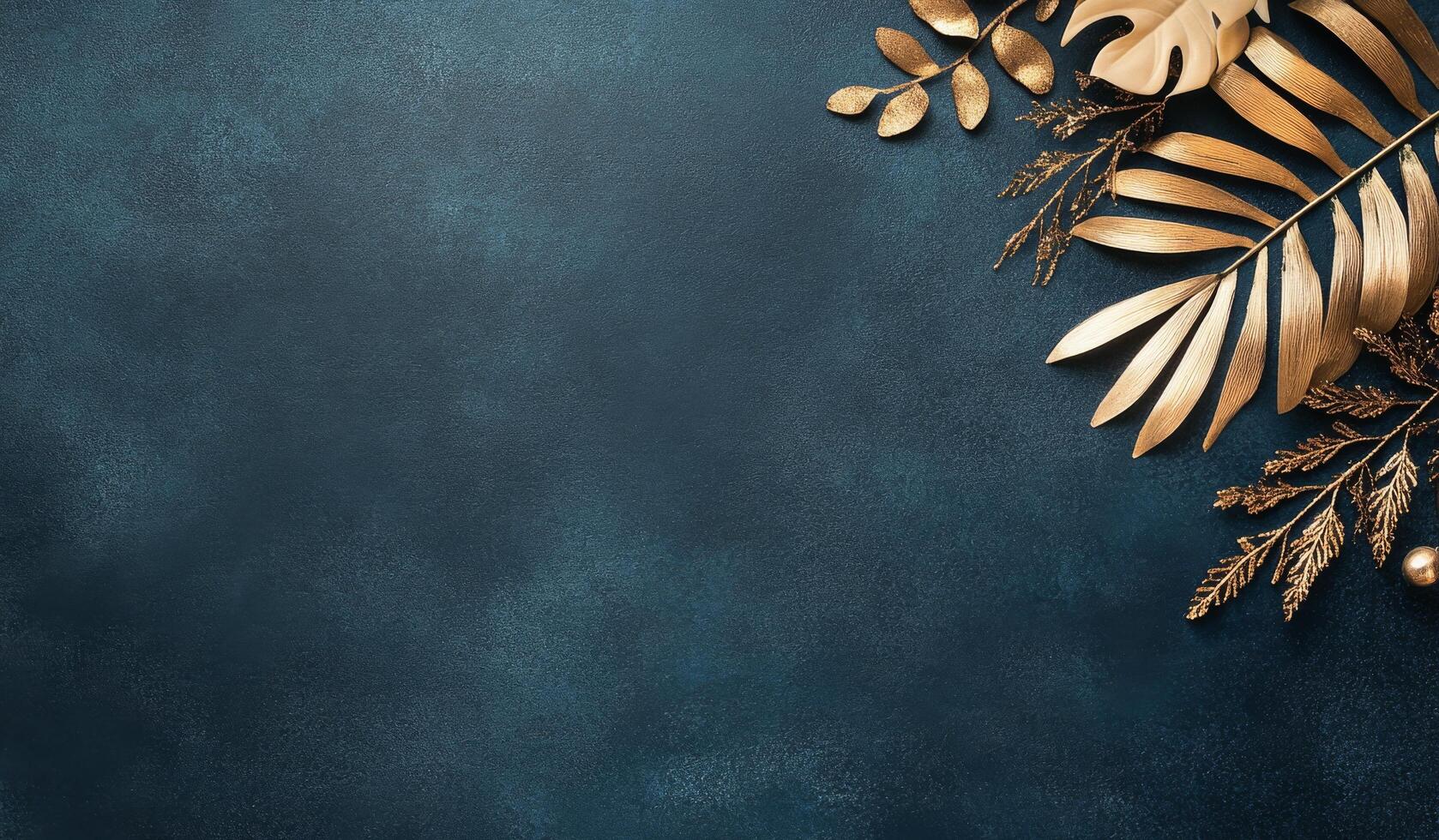 Dark textured background with golden and green palm leaves arranged artistically photo