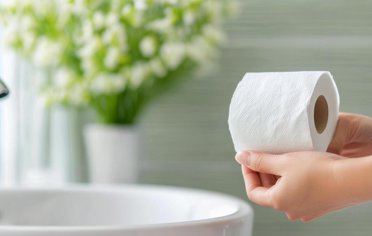 Hands holding a roll of toilet paper near a sink and flowers in a bright bathroom setting photo