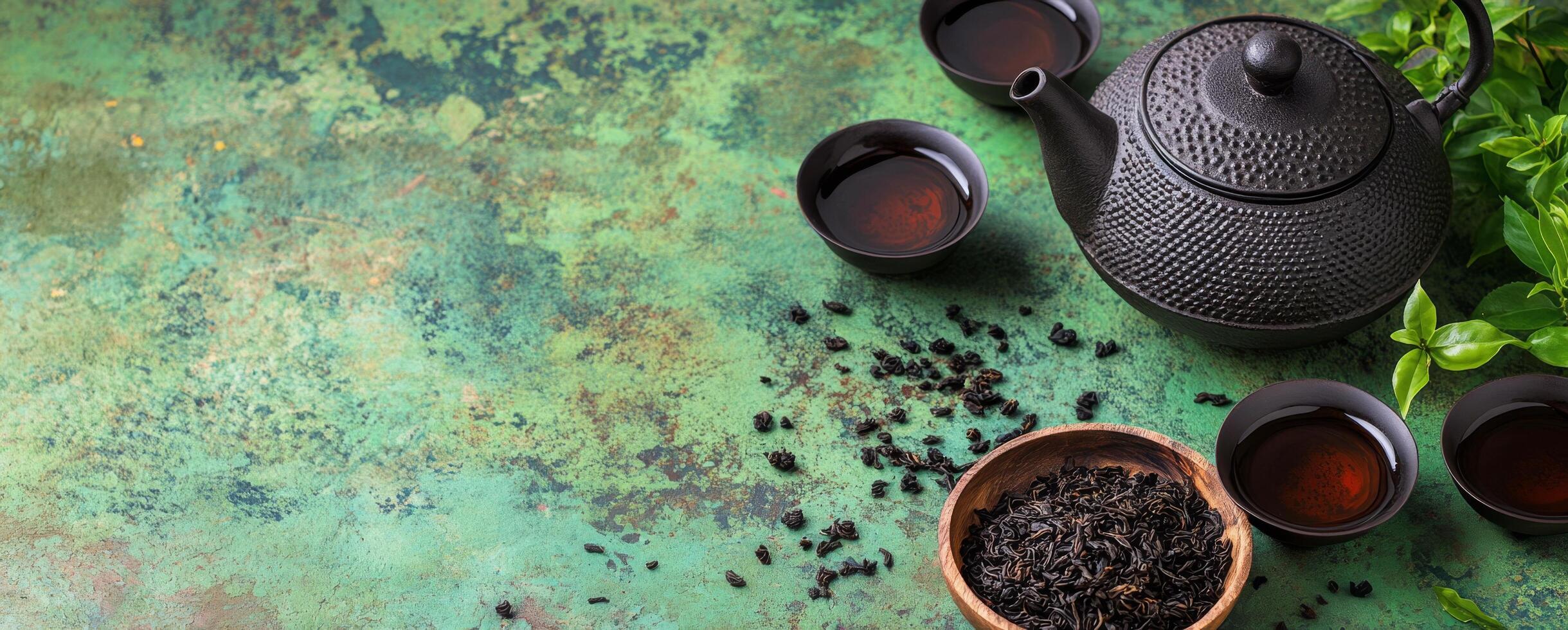 Delicious black tea preparation with a teapot and dried tea leaves on a rustic table photo