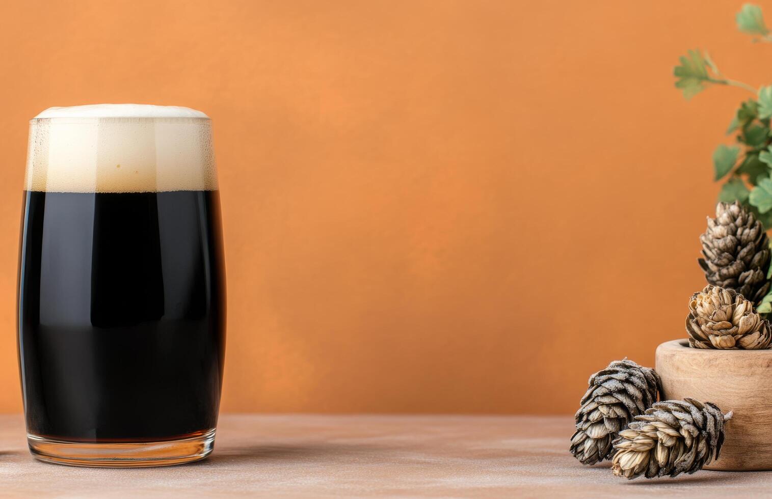 Dark beer served in a frosty mug with hops on a rustic surface photo
