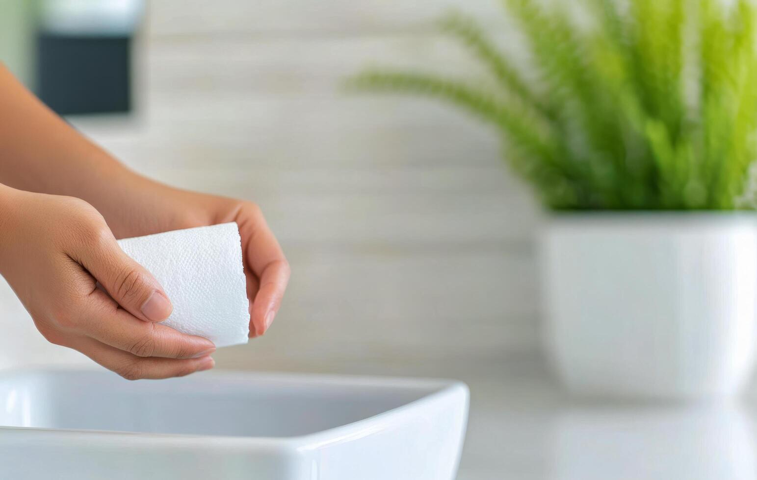 Hands holding a roll of toilet paper near a sink and flowers in a bright bathroom setting photo