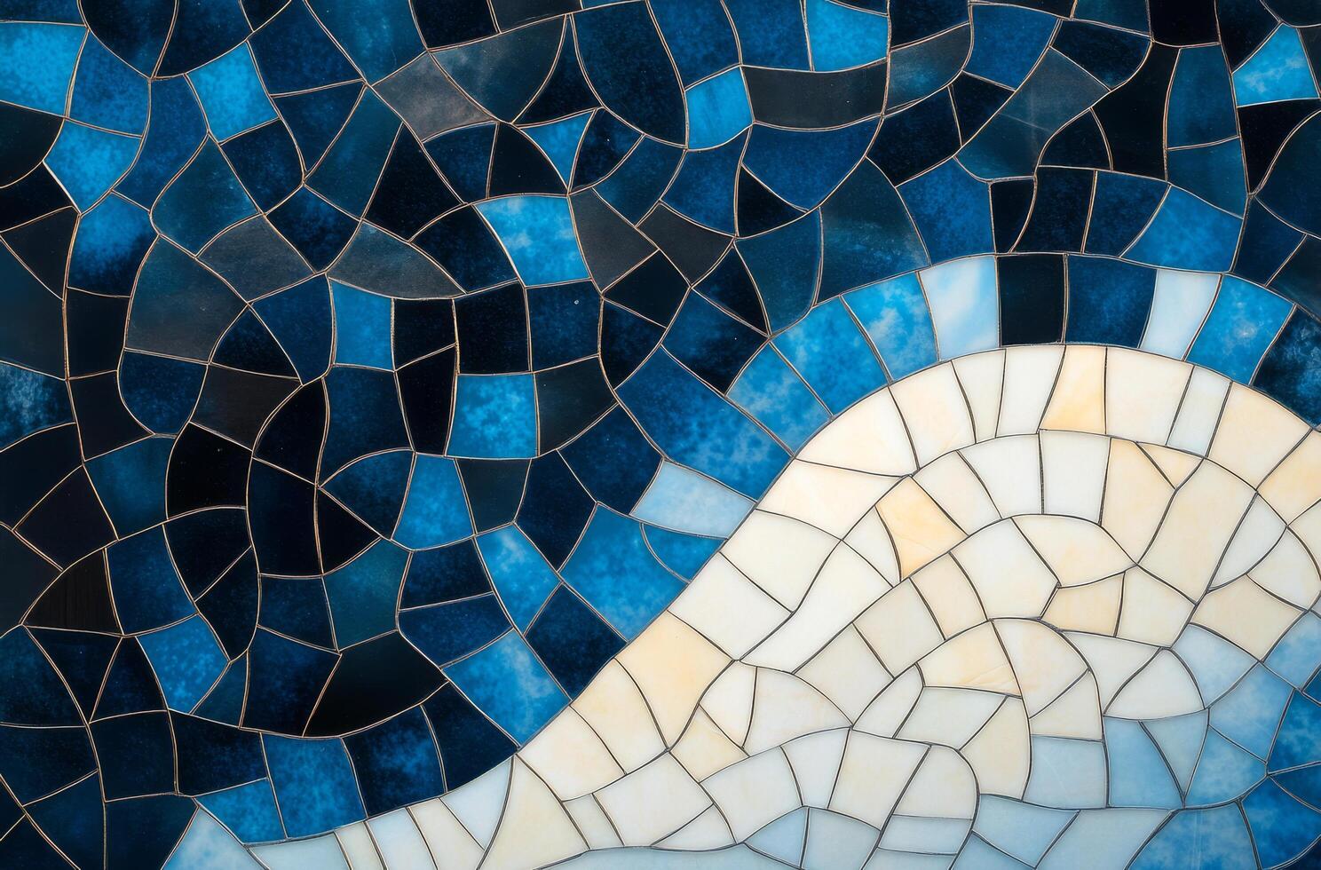 Abstract mosaic design featuring blue and white patterns resembling waves and water photo