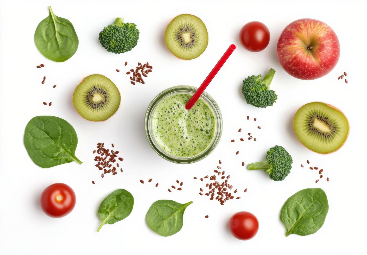 Fresh green smoothie with fruits and vegetables arranged artistically on a white surface photo