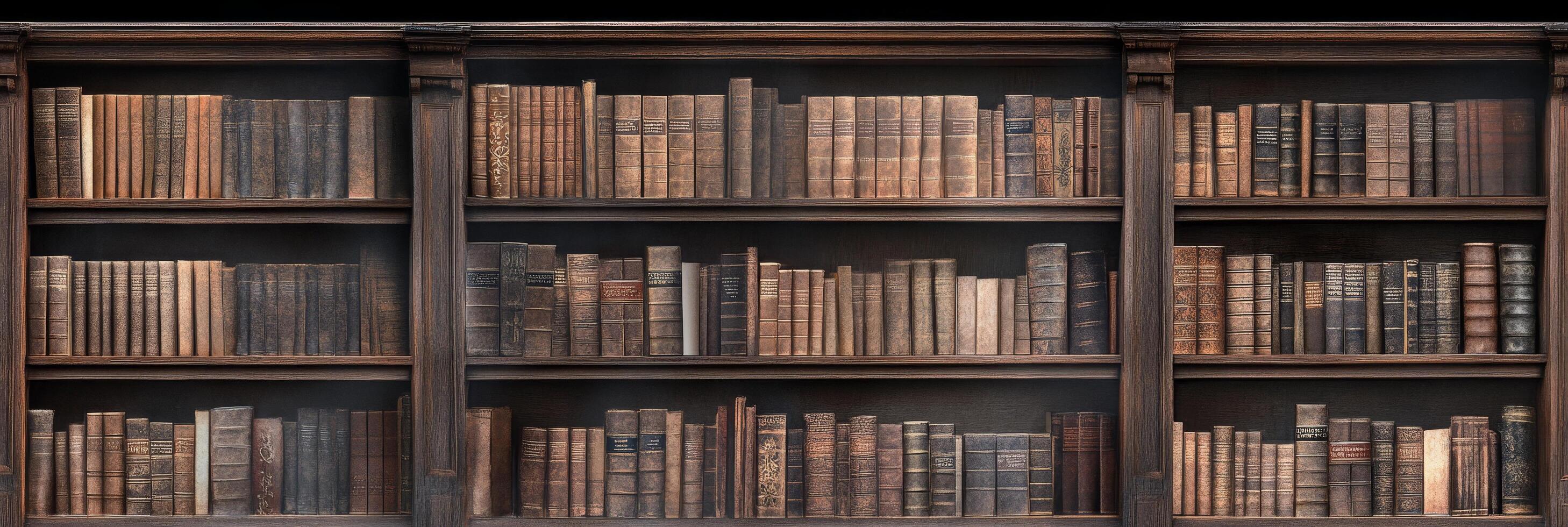 Collection of antique books arranged neatly on wooden shelves in a library setting photo