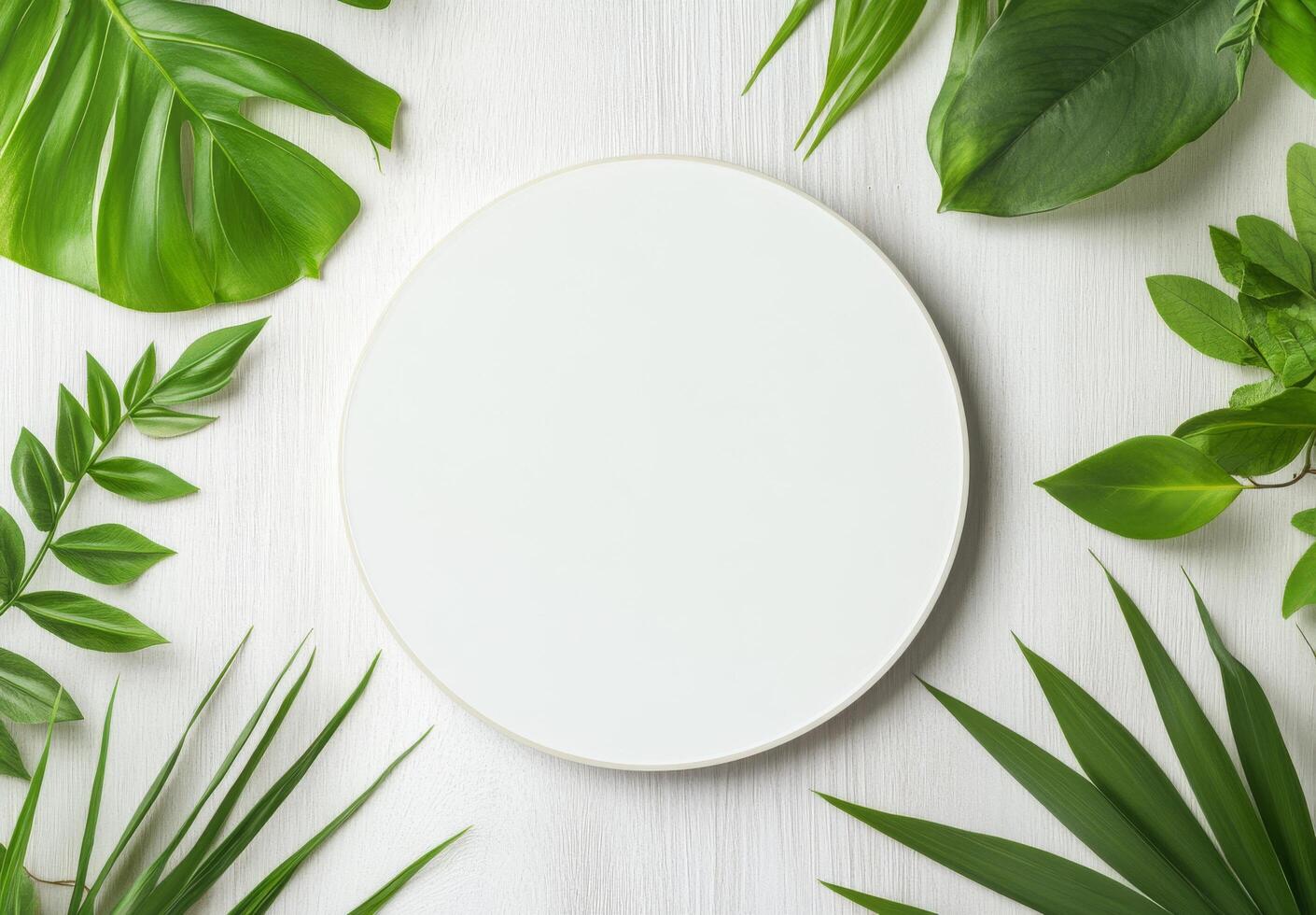 Circular white plate surrounded by vibrant green leaves on a light wooden surface photo