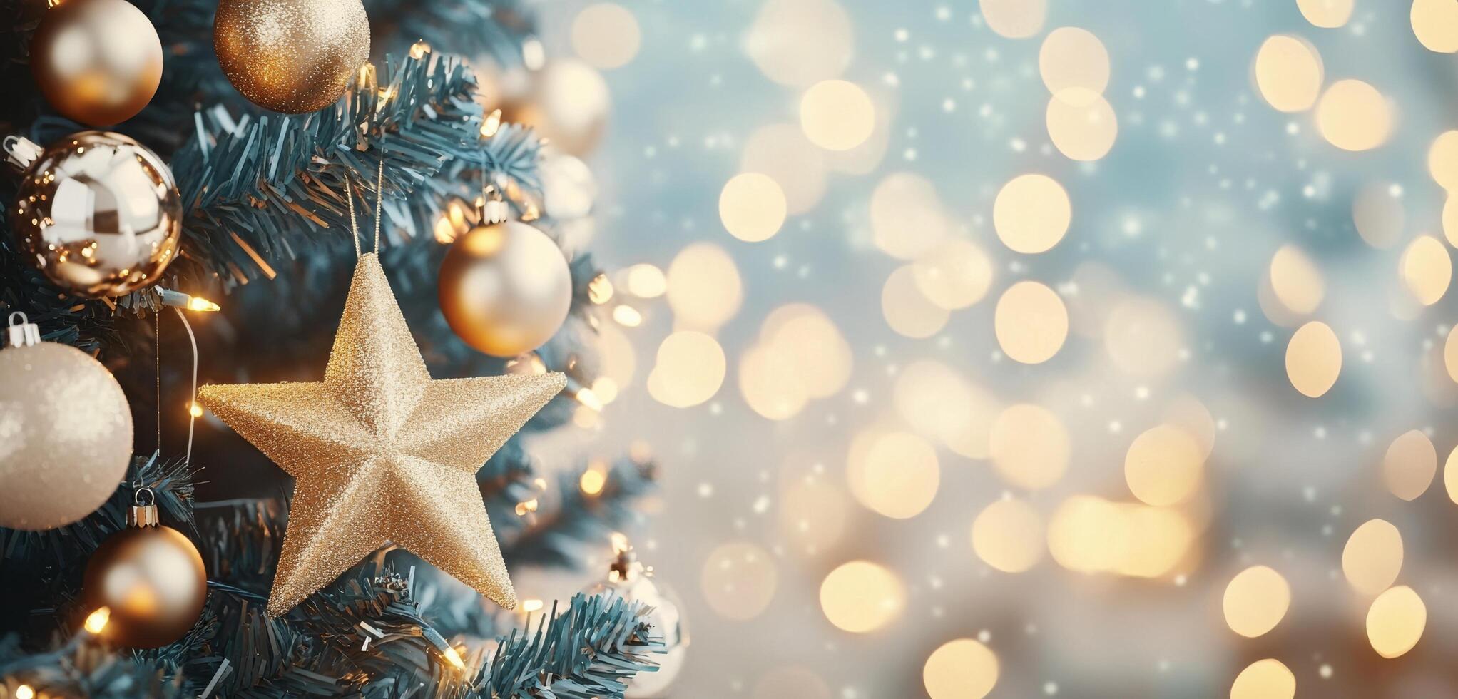 Christmas tree decorated with ornaments and warm lights in a festive atmosphere photo