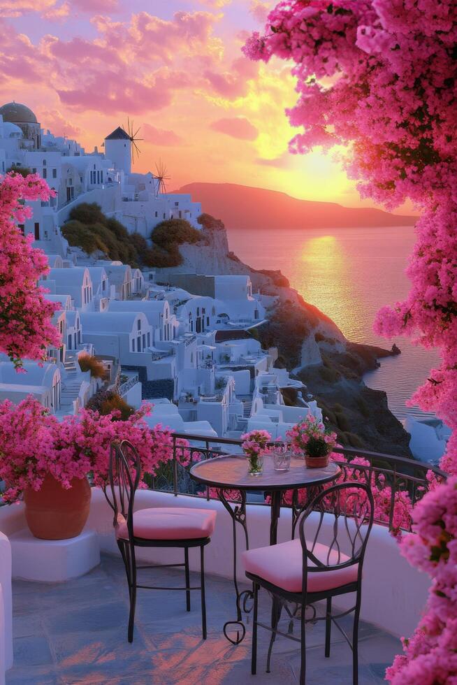 Sunset view from a terrace with bougainvillea in Santorini, Greece, highlighting white buildings photo