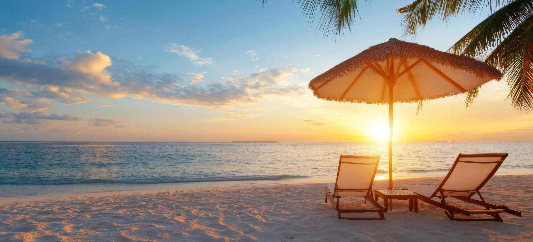 Relaxing beach sunset with lounge chairs and an umbrella by the shore photo