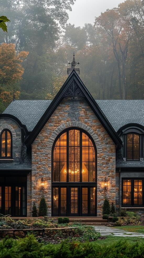 Elegant stone mansion surrounded by fog and autumn trees in a serene location photo