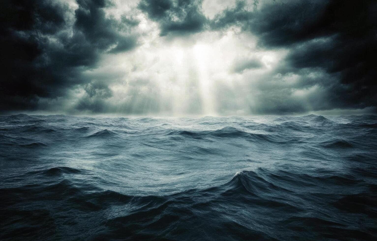 Dark storm clouds over turbulent ocean waters create a dramatic seascape photo
