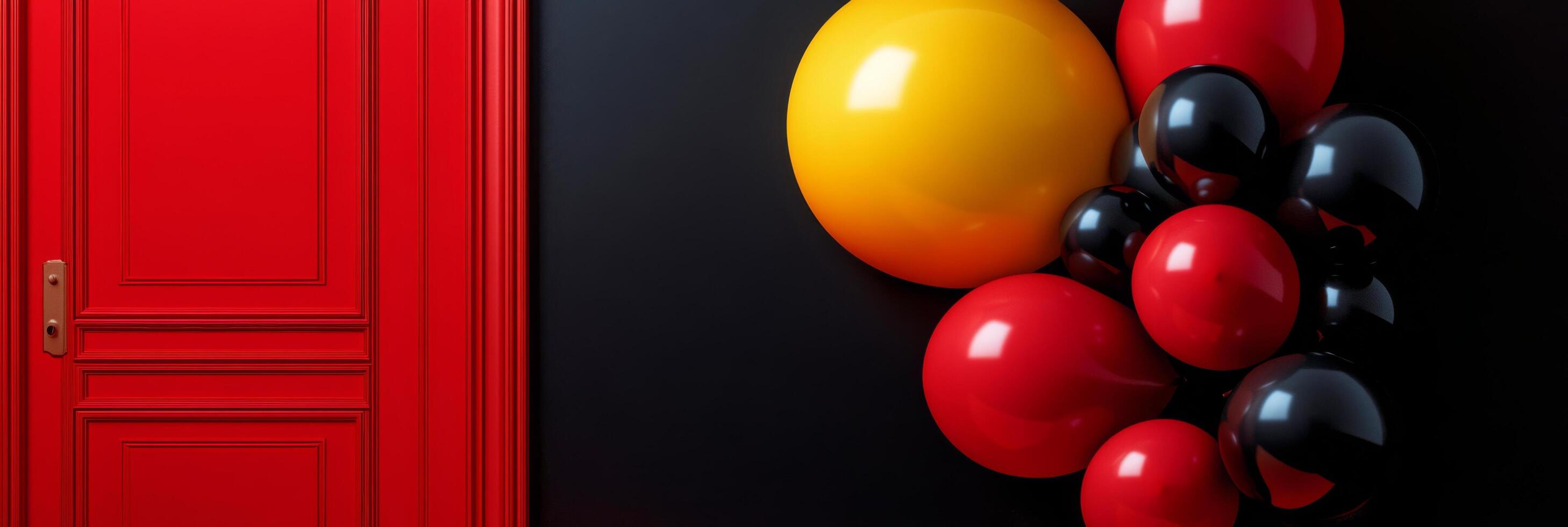 Brightly colored wall with red doors and balloons in yellow, black, and red photo