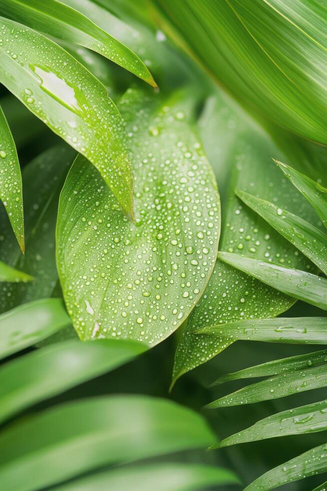 Close view of green palm leaves glistening with water droplets during a sunny morning in nature photo
