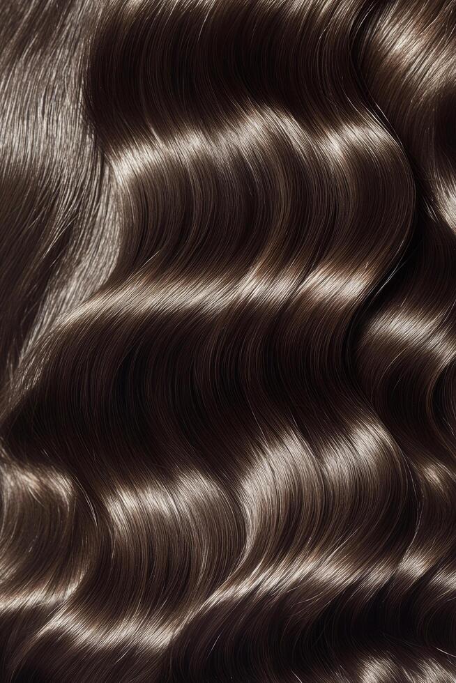 Elegant wavy brunette hair displayed in soft curls and shine under natural light photo