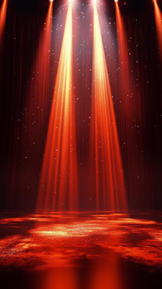 Red stage lights illuminate a performance area with glittering effects at a venue photo