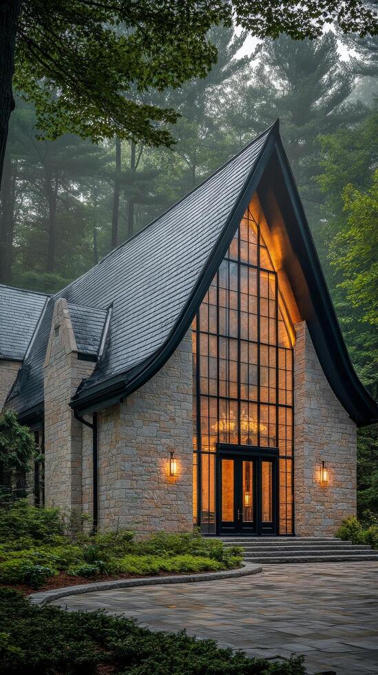 Elegant stone mansion surrounded by fog and autumn trees in a serene location photo