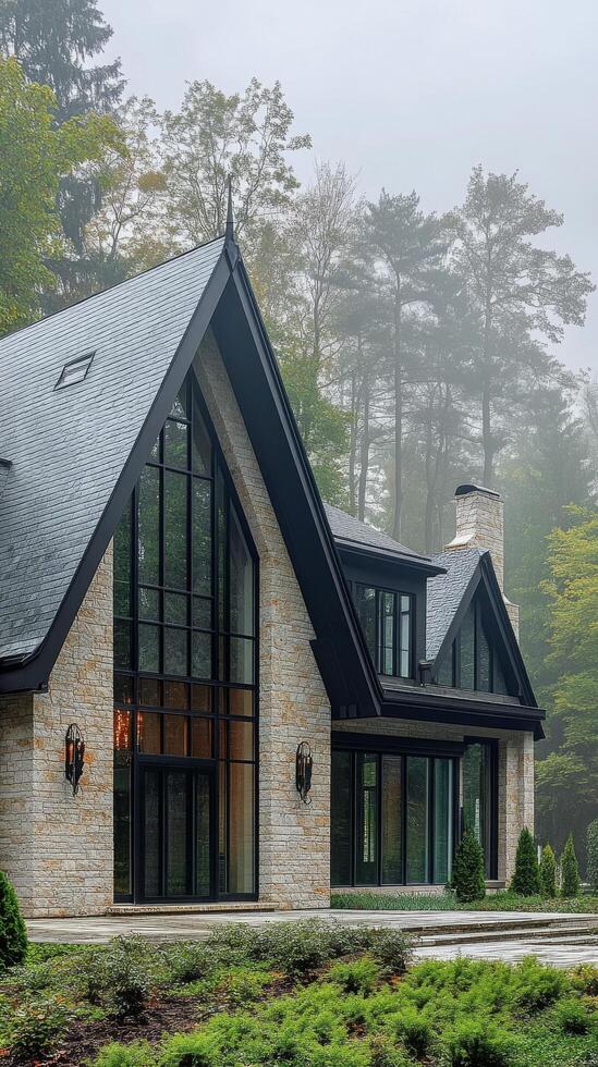Elegant stone mansion surrounded by fog and autumn trees in a serene location photo